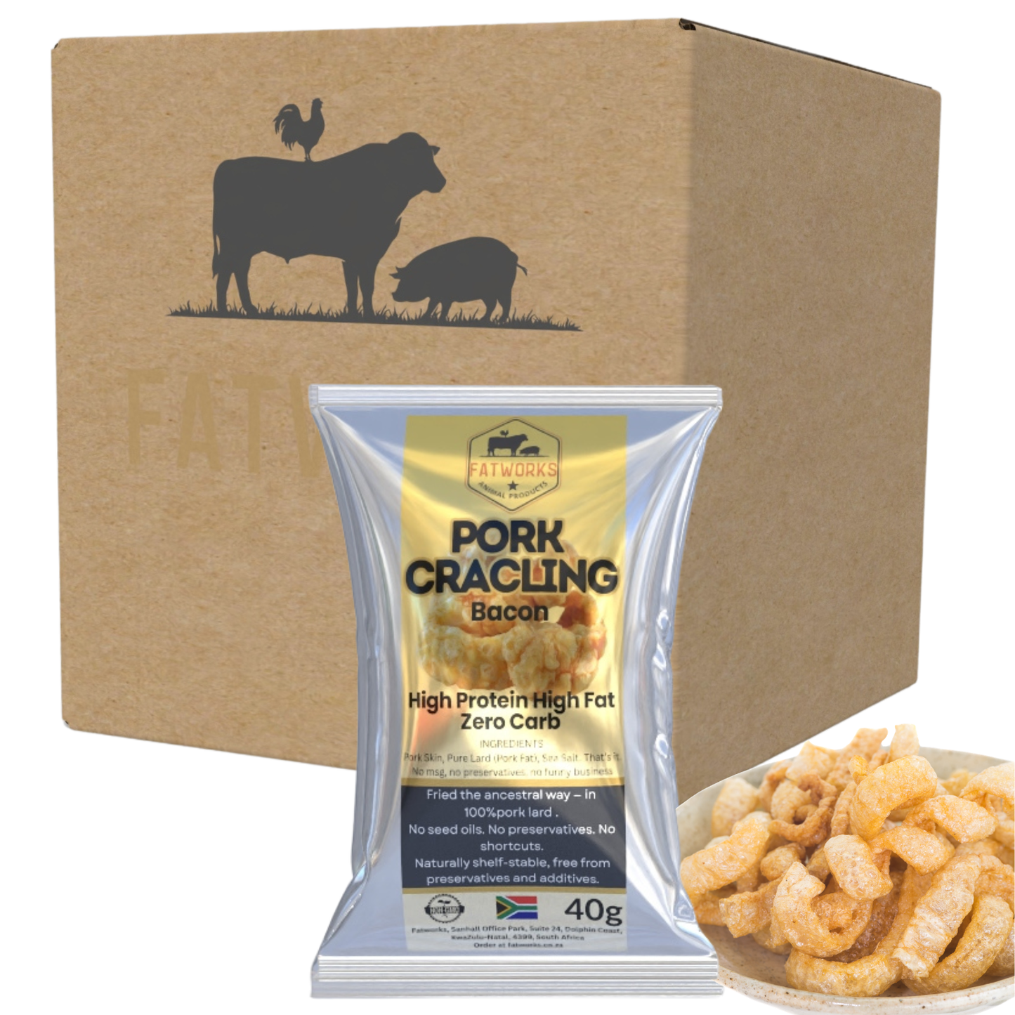 Bacon Pork Crackling (Fried in Lard) – 4 x 40g Snack Pack