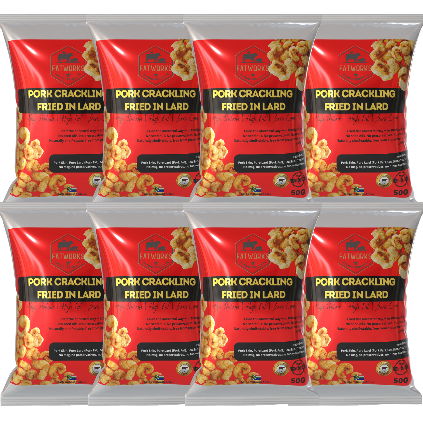 Pure Pork Crackling (Fried in Lard) – 8 x 50g Snack Pack