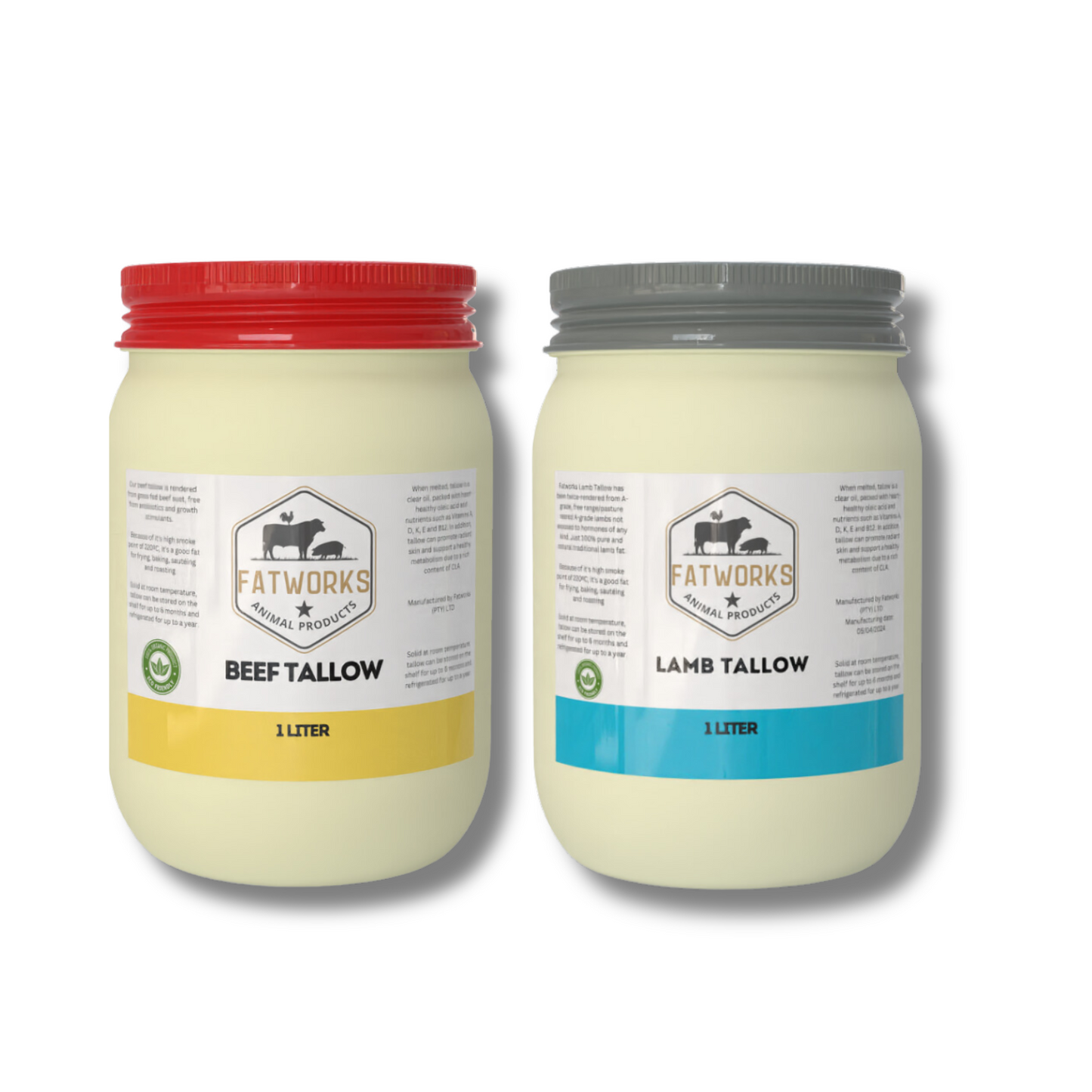 1L Beef tallow and 1L lamb tallow in Consol Glass