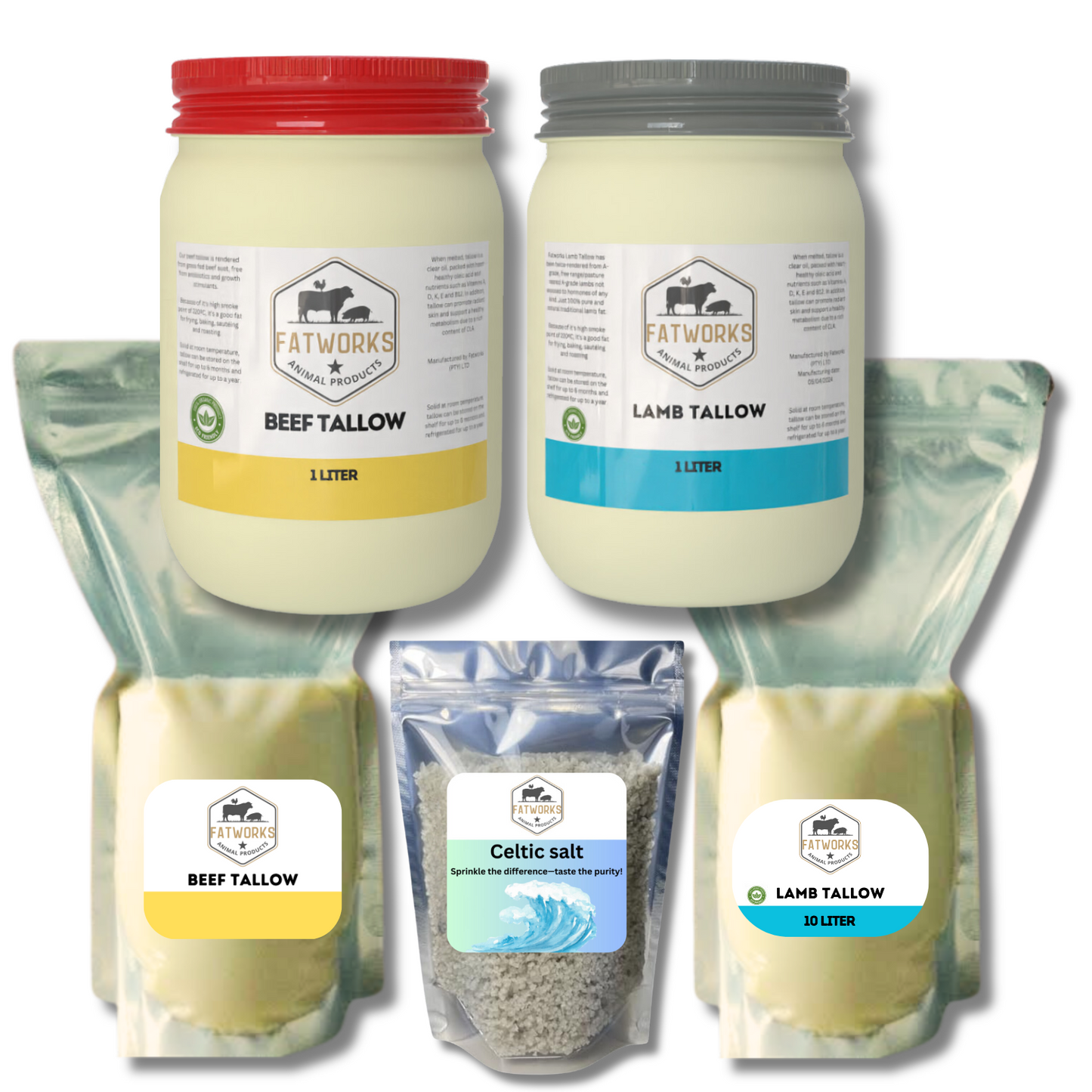 1kg Beef Tallow (Consol) and pouch, 1kg Lamb Tallow (Consol) and pouch and 200g Celtic Salt