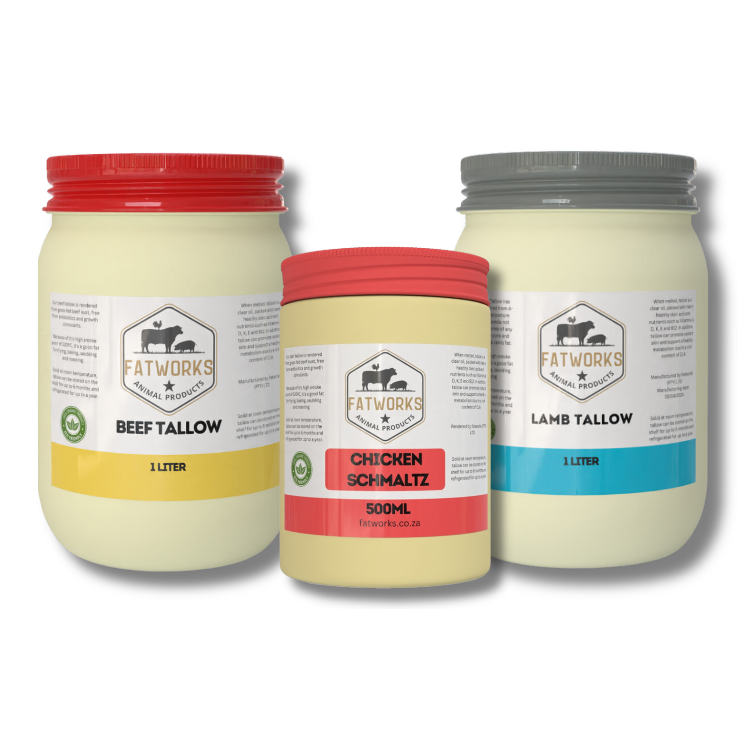 Beef tallow (1L), Lamb Tallow (1L), Chicken Tallow (250ml)