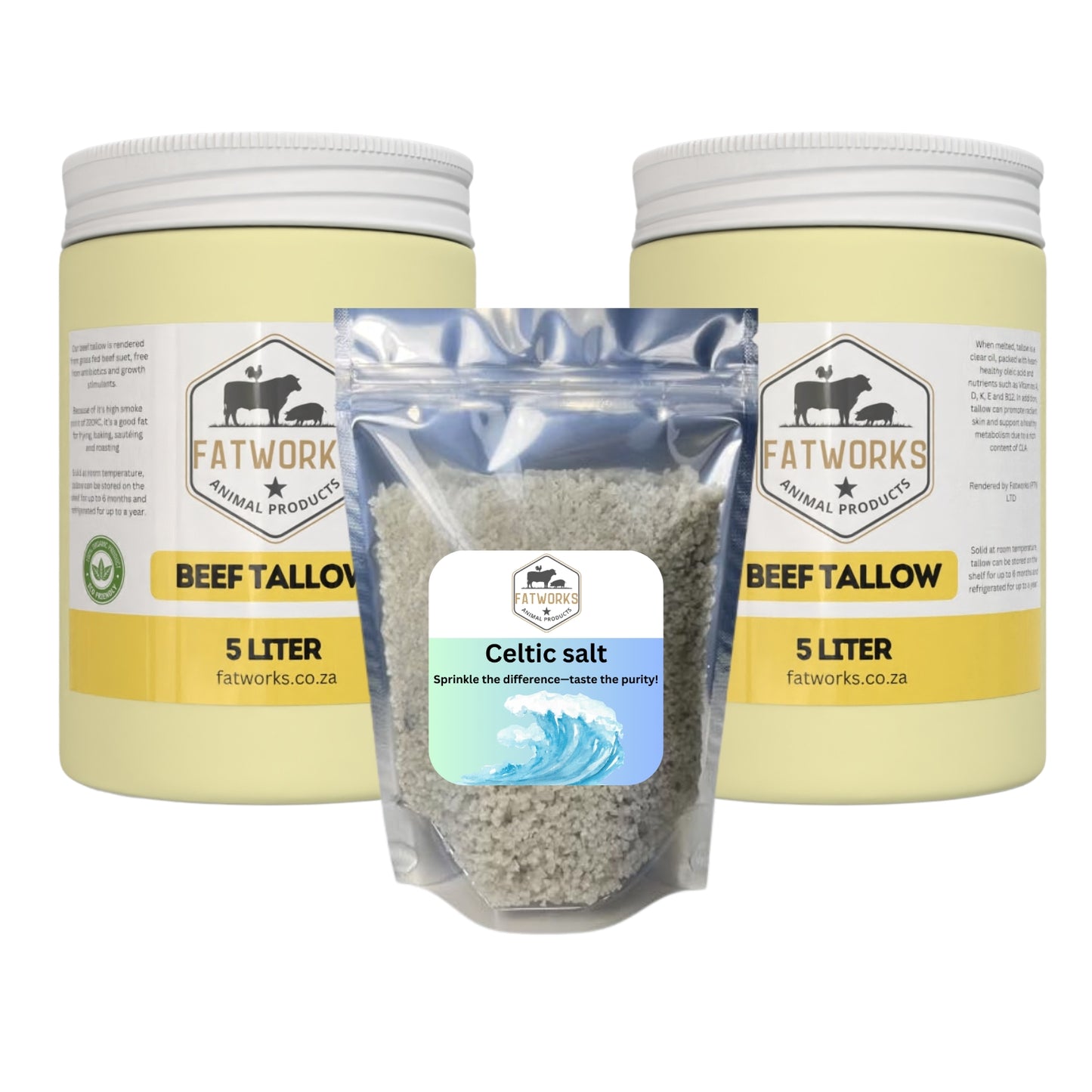 2 x 700g Beef tallow and 100g Celtic salt